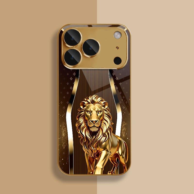 Golden Haired Lion King Pattern Metallic Paint Glass Phone Case For iPhone 17 16 15 14 13 12 11 Pro Max 14 Plus 17Air 16E Cover