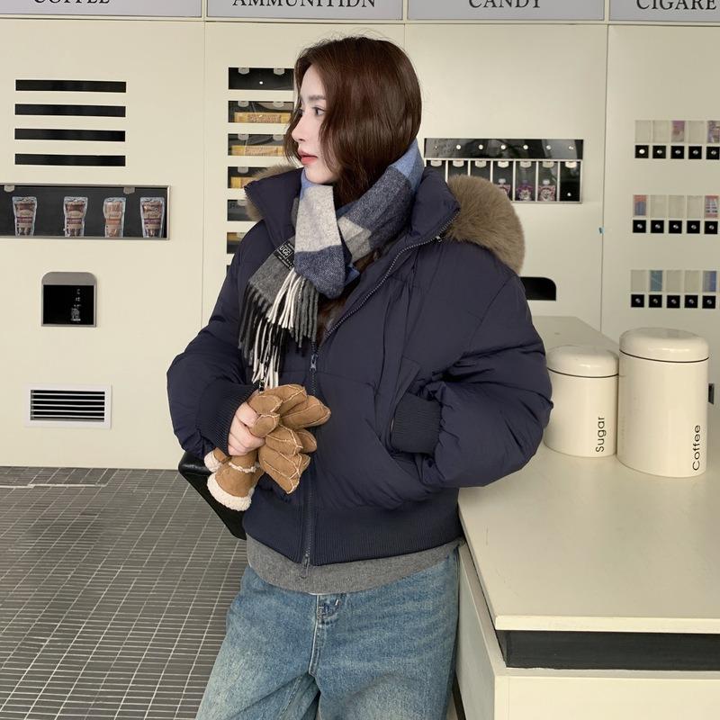 Winter New Loose and Thin Fur Collar Hooded Short Down Cotton Clothes Women's Waist Thickened Cotton Coat