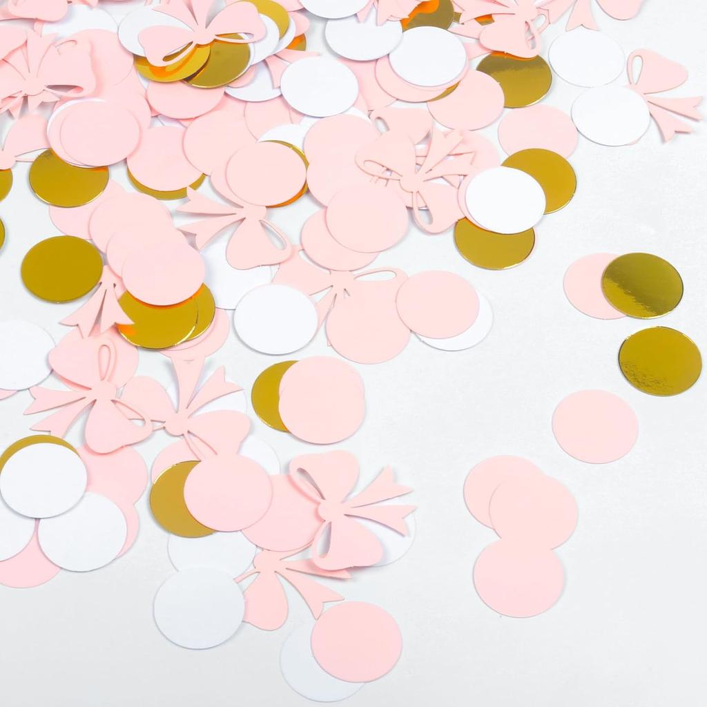 200 Pcs Pink Bow Confetti Table Decoration, Gold Dot Paper Pink Confetti for Birthday Bachelorette Engagement Wedding Bridal Shower Baby Shower Party