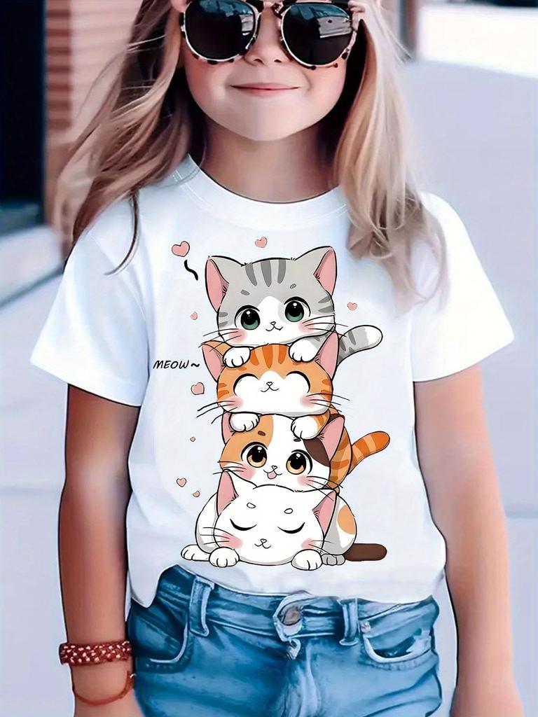 New Summer Girls Clothes Cute Cat Graphic T Shirt Short Sleeve Tops for Girls Casual Children's Clothing