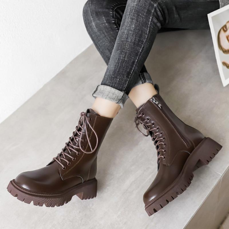 Vinterplatåstövletter Dam Höst Tjock Sula Motorcykelstövlar Kvinna Förtjocka Varma Snörskor Damer