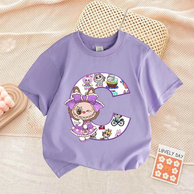 Cartoon Monster Elf Labubu Kids Adult Letter Printed T-shirt Summer Casual Women's Tees Top Girl and Boy Short Sleeve Clothing