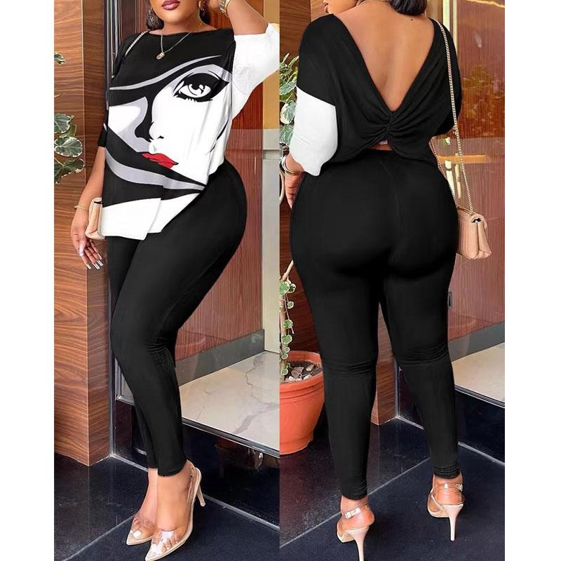 Dámský dvoudílný oblek s dlouhým rukávem a potiskem