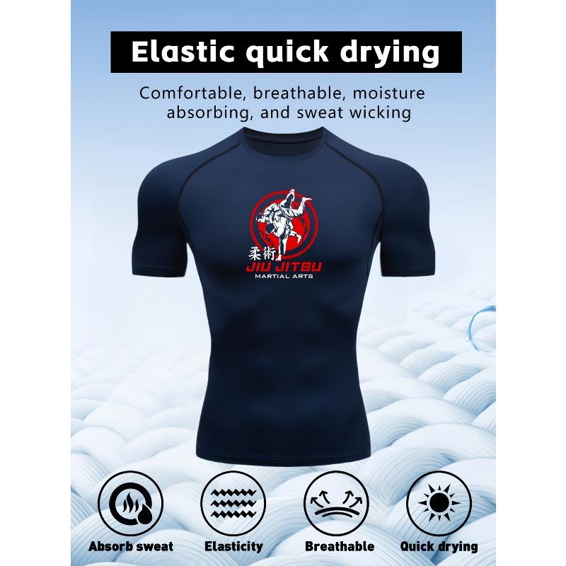 Men's Black Jiu Jitsu Print Compression T-Shirt, Quick Dry Breathable Athletic Workout Top