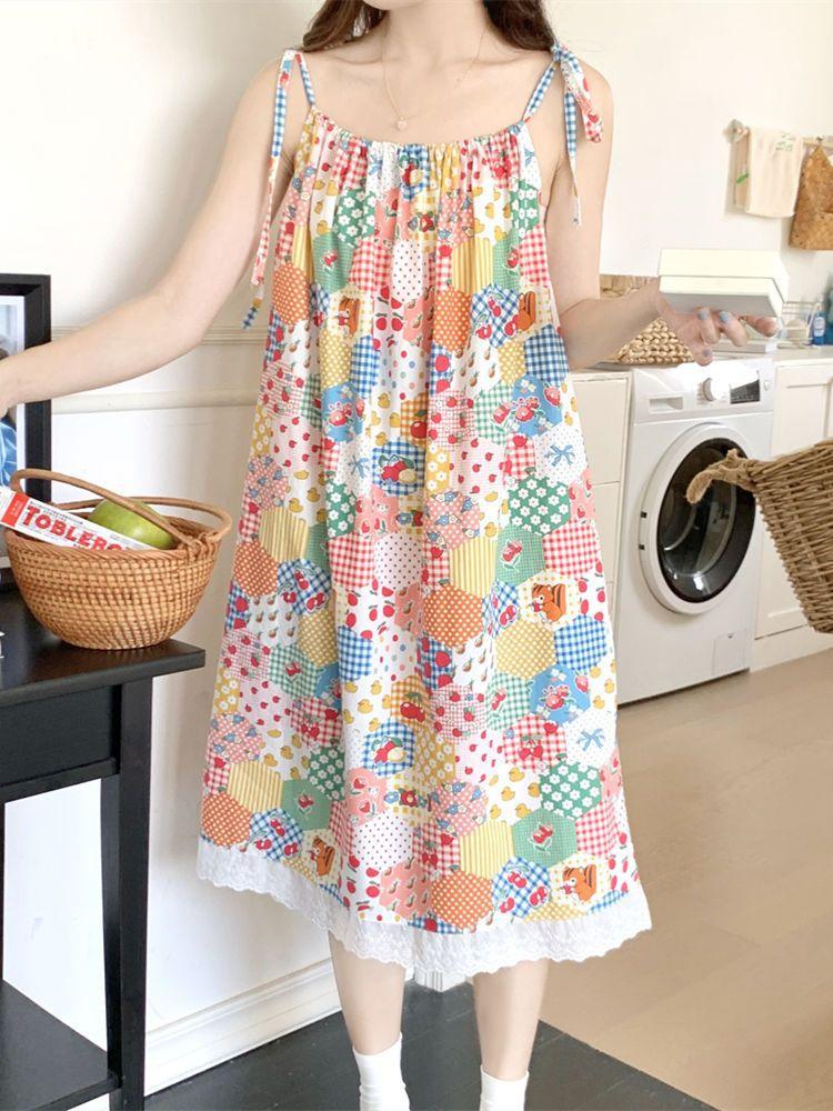 Strap Sleeveless Suspender Dress Women's Summer New Dopamine Lace Splicing Loose and Thin Medium and Long Dress