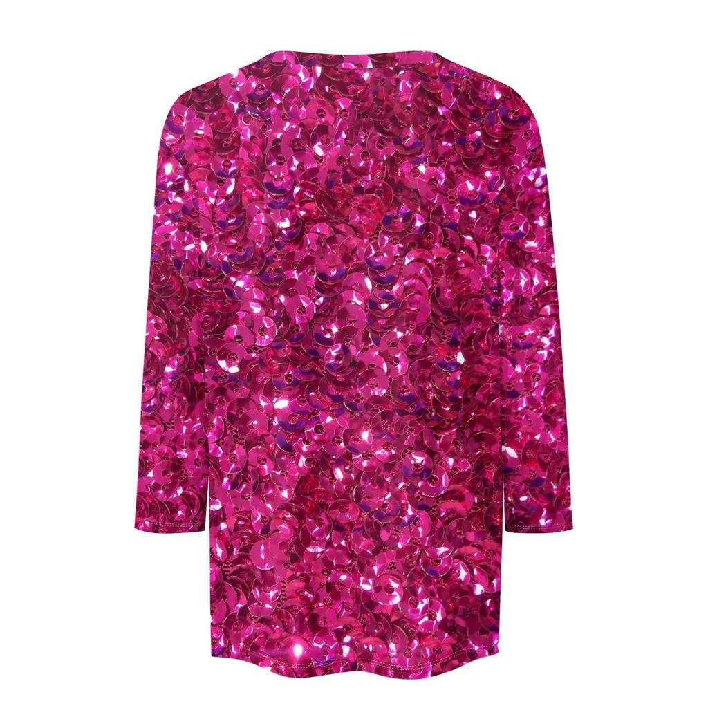 Women's Fashion Casual Three-quarter Sleeve Sequin Printed Round Neck Top