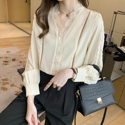 2026 Spring and Autumn New Fashion Solid Color Casual Lace Chiffon Shirt Slimming Long Sleeve Pullover Base Shirt