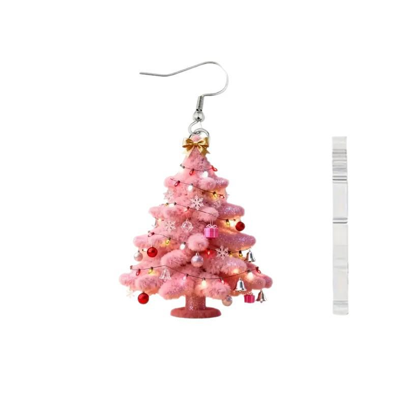 New Pink Snowflake Christmas Tree Earrings - Acrylic Festive Holiday Jewelry