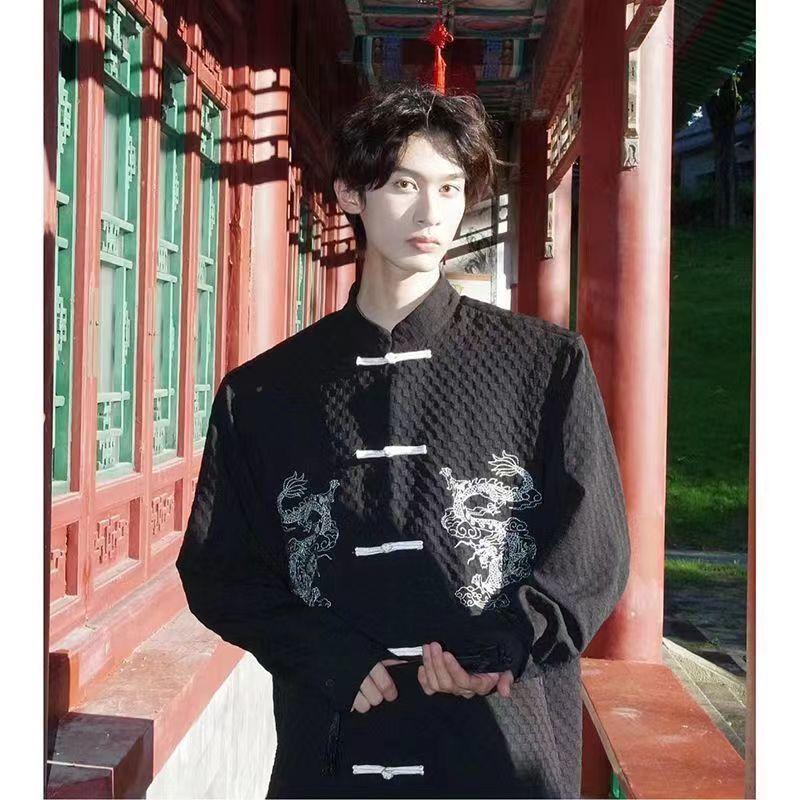 Set 2 bucăți în stil chinezesc cu nasturi cu dragon brodat cămașă jachetă costum Tang Costum bărbați