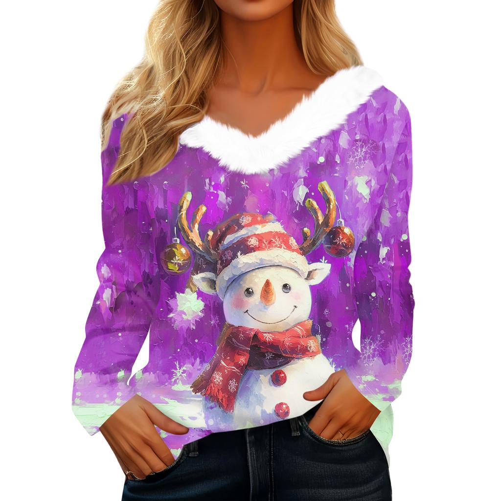 Women's Christmas Printed Long Sleeved Party Plush Neck V-neck Top