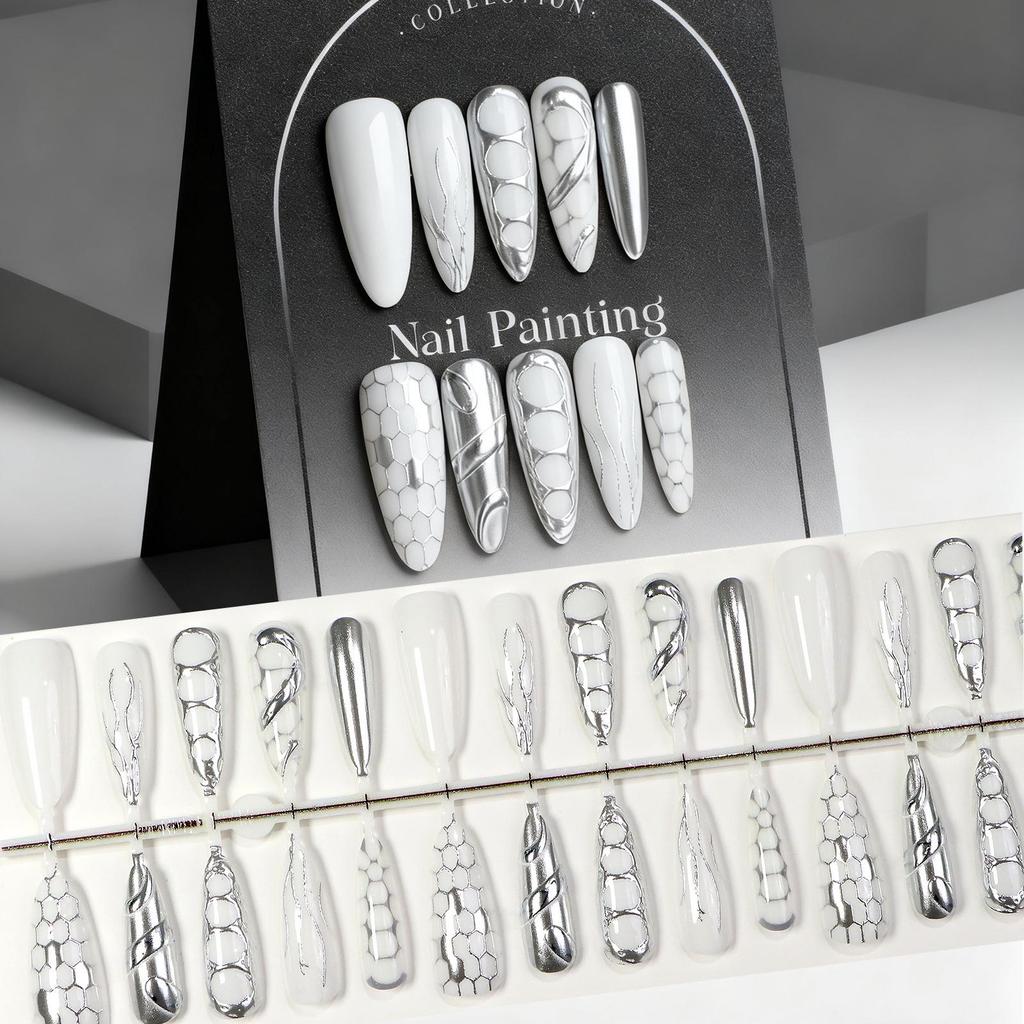 Long-Lasting Ice-Cool Snake Pattern Cat Eye Press-On Nails with Silver Grid & French Manicure Tips