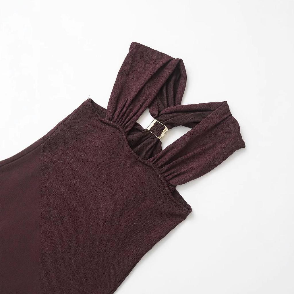 2025 Frühling Damen Europäisch & Amerikanisch Goldverziertes Neckholder Stricktop