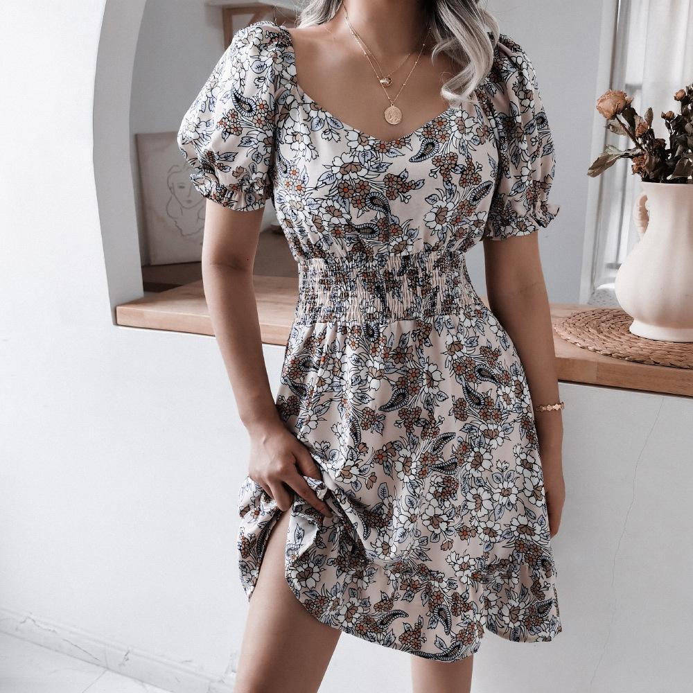 GMXIA Casual Square Collar Lantern Sleeve Floral Casual Ruffled Dress for Women