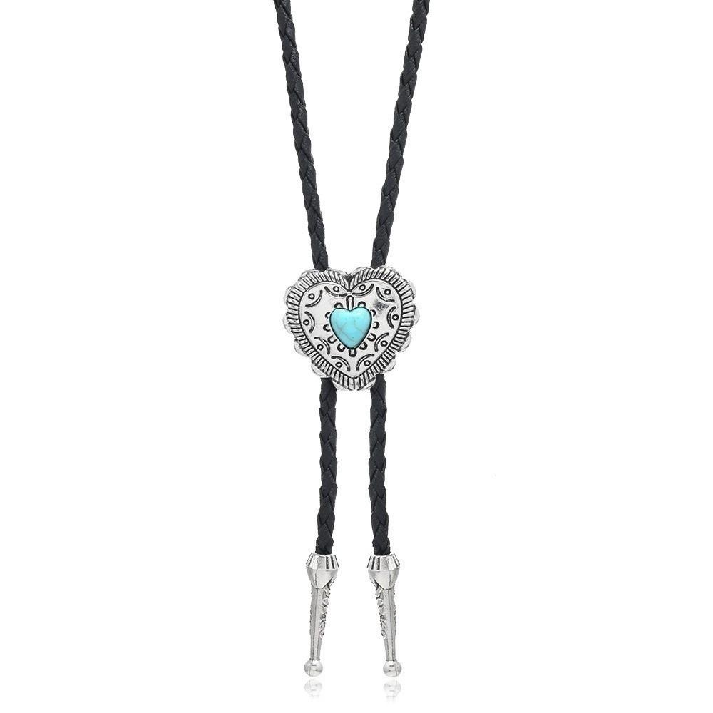 Blue Turquoise Heart Shape Pendant Necklace Silver Bolo Tie PU Leather Necklace Party Accessories Black Silver