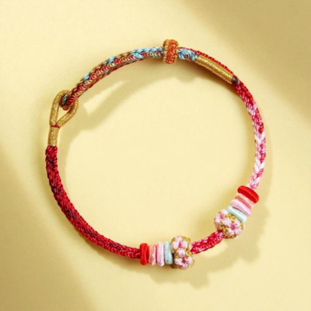 Gradient Color Peach Blossom Knot Bracelet Handmade Braided Adjustable Inspirational Good Luck and Wealth Bracelet
