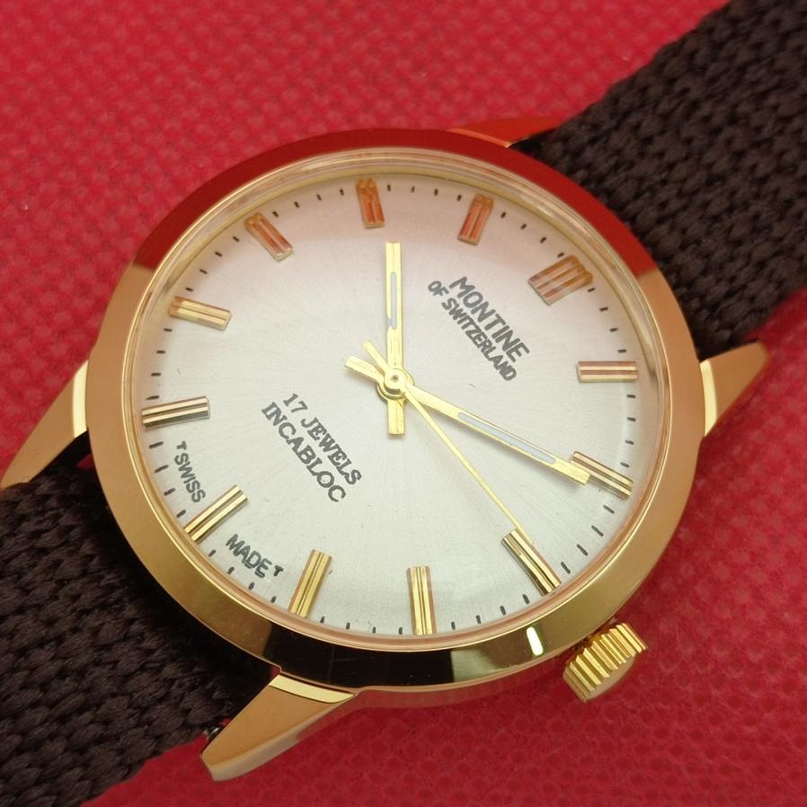 HAND-WINDING SWISS MONTINE 17-JEWELS MENS SILVER DIAL WRIST WATCH A421129-2
