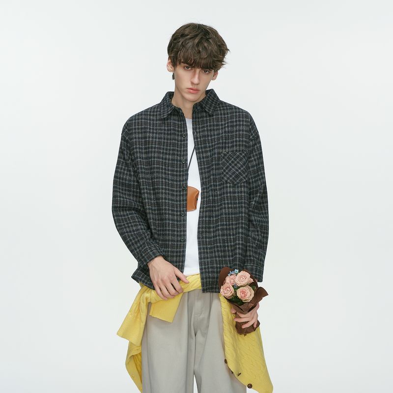 

Dream Made American Retro Brown Plaid Woolen Shirt for Men, Autum Lazy Style Long-Sleeved Shirt Navy blue 2XL