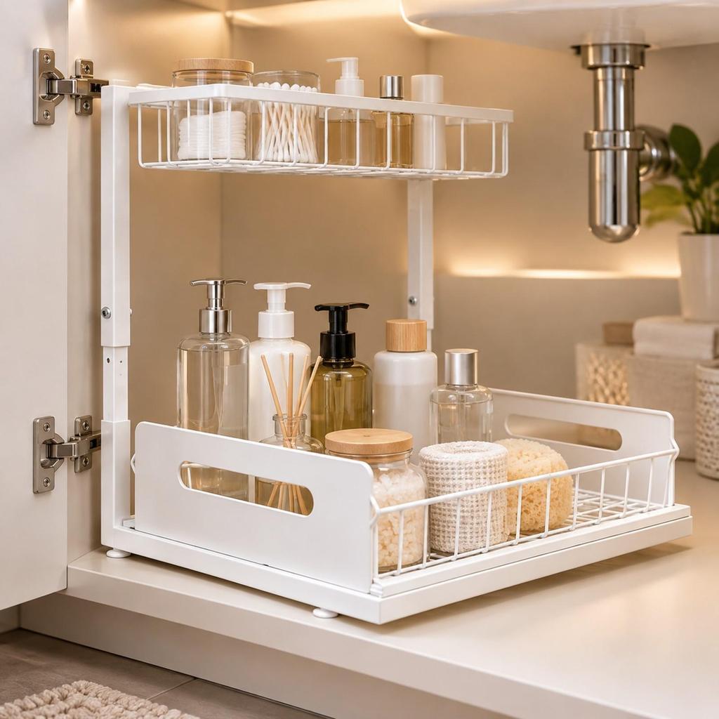 Adjustable Cabinet Organizer Rack Stable Under-Sink with Pull-out Basket