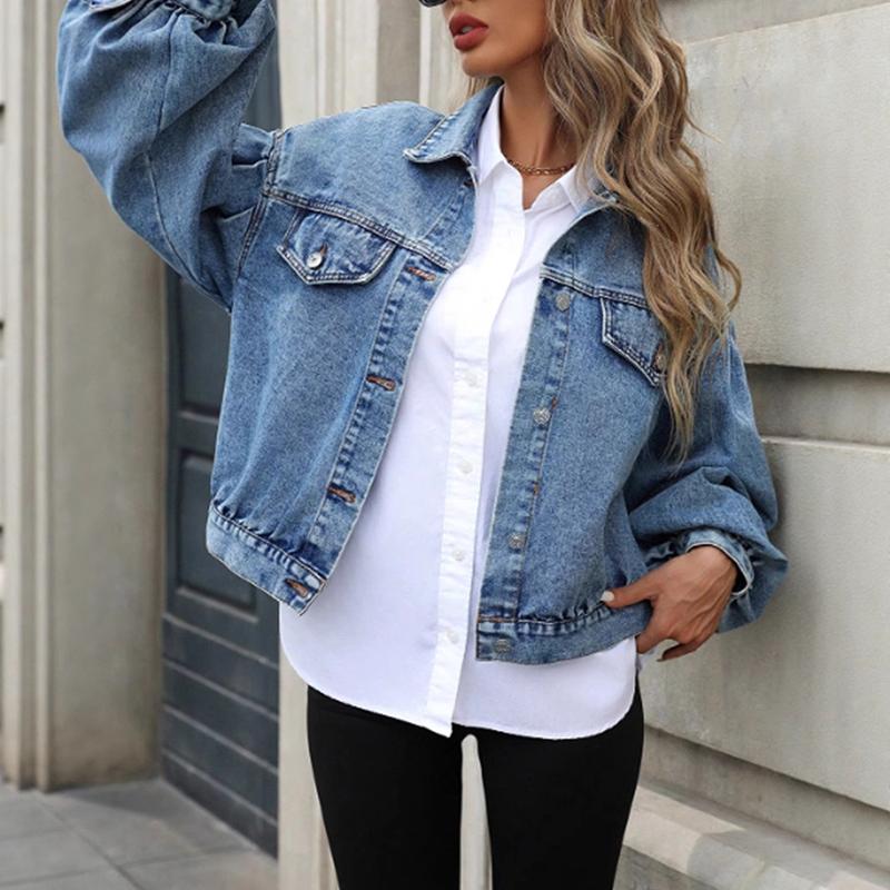 Autumn Vintage Lantern Sleeve Denim Jacket Women's Casual Streetwear Single Breasted Loose Short Jean Jackets