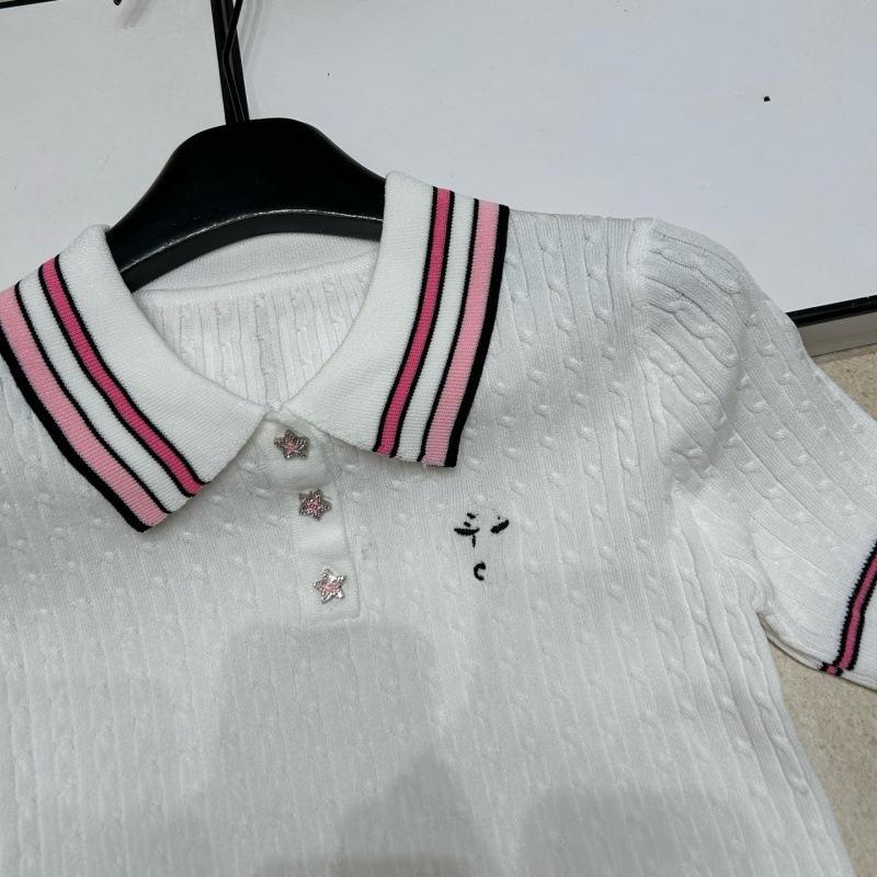 D Brand Embroidered Star Buckle Knit Lapel Short Sleeve Casual Top