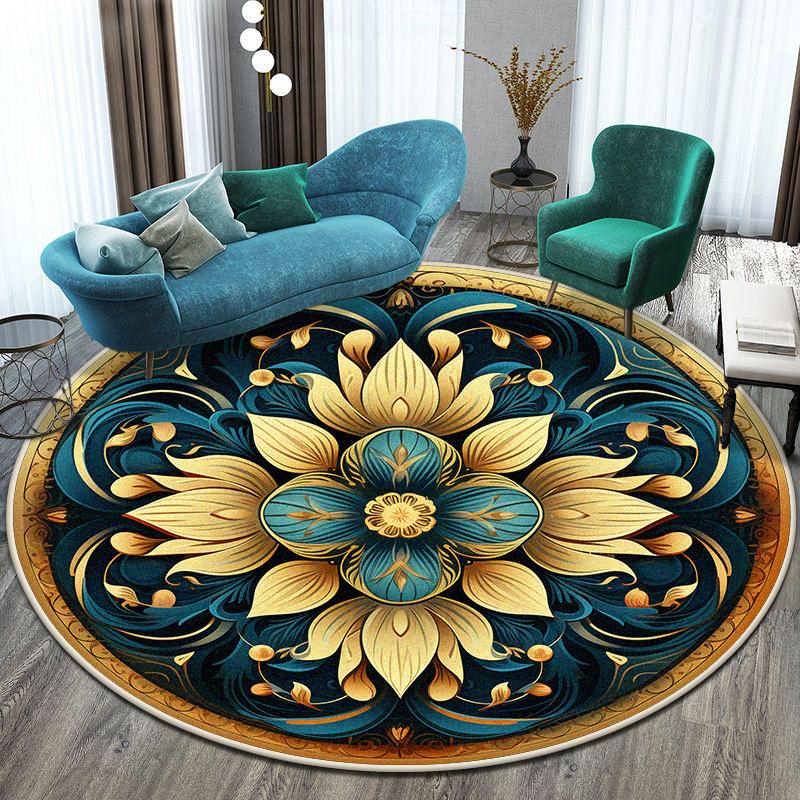 European Style Big Size Round Rug Flower Design Easy Clean Carpet Living Room Soft Foldable Room Decoration Home Mats Washable