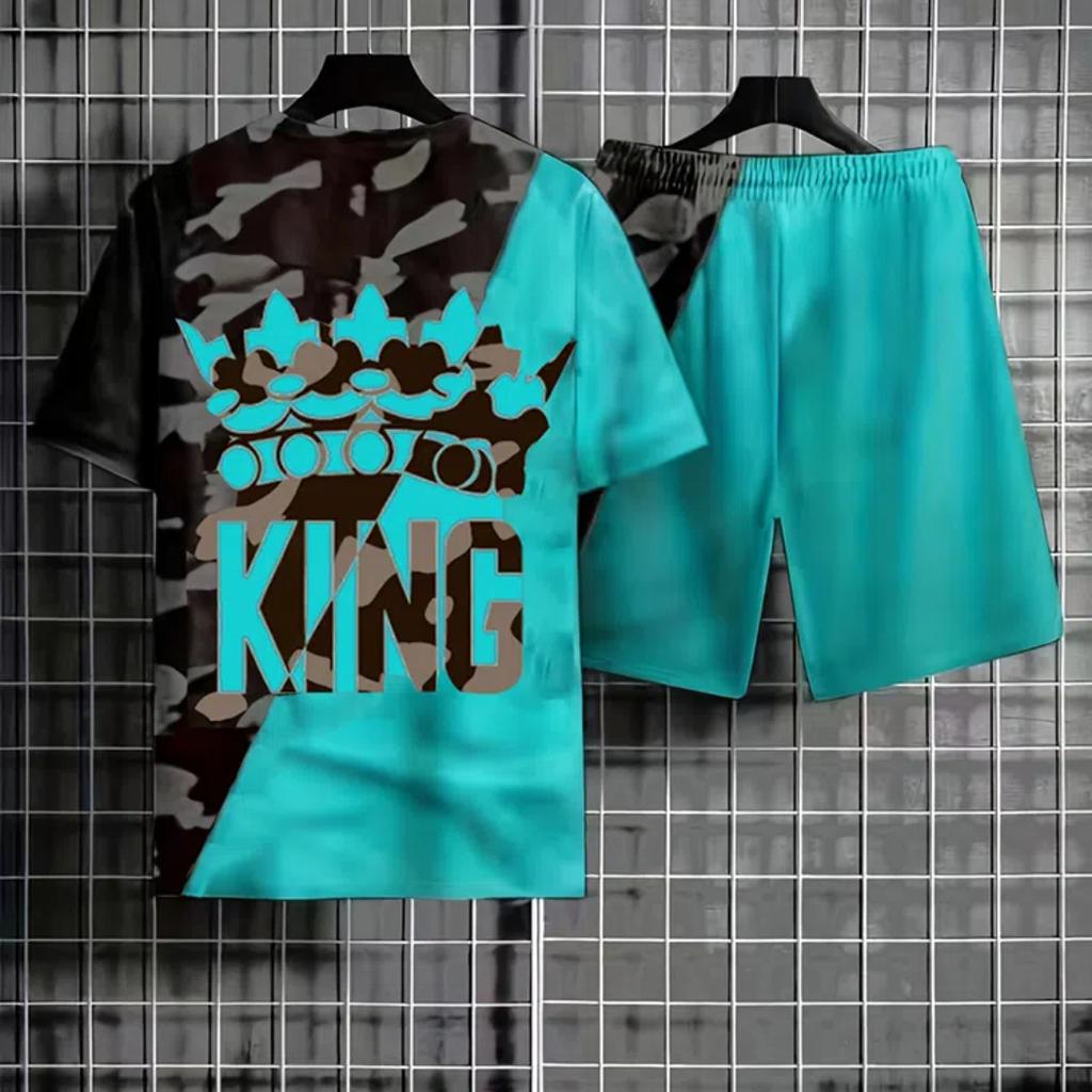 Herr Sommar Casual Kortärmad och Shorts Set Krona Grafik och 'king' Bokstavstryck T-shirt och Casual Snörshorts Set