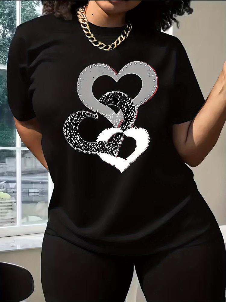 Spring/Summer New Women's Short Sleeved Top Simple and Fashionable Love Ring Pattern Printed Versatile Daily Round Neck T-shirt