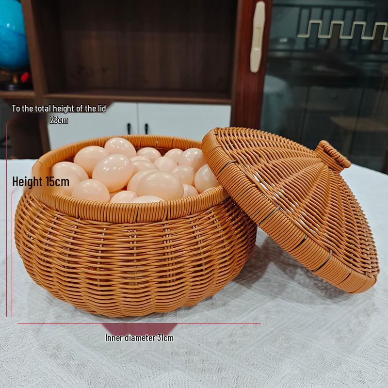 Round Handmade Woven Storage Basket with Lid - Imitation Rattan for Eggs, Snacks, Dried Goods, Tea, and More