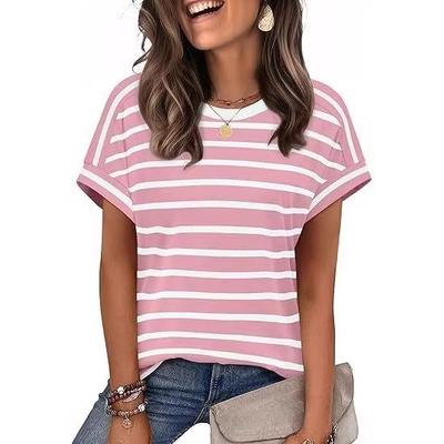 New Arrival Women's Round Neck Striped Color Block Casual Short Sleeve T-shirt