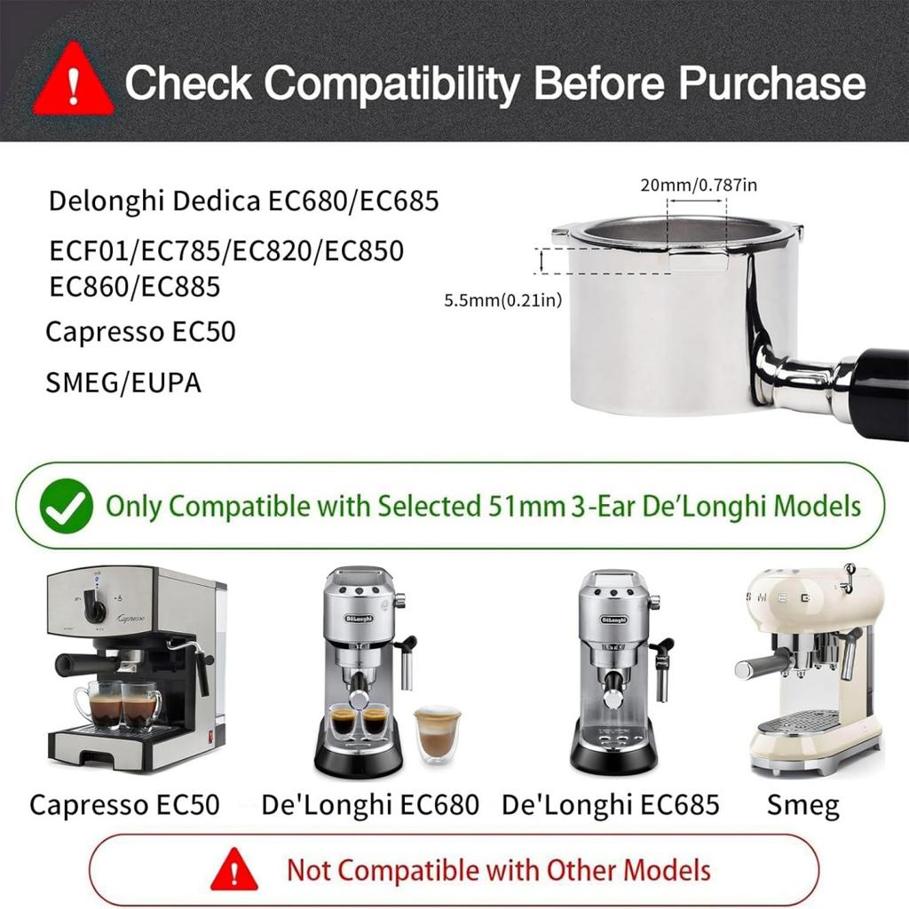 51mm Bottomless Portafilter Espresso Filter Holder with Basket( 14g ) For Espresso DeLonghi Dedica EC680/EC890/EC820/EC900,SMEG