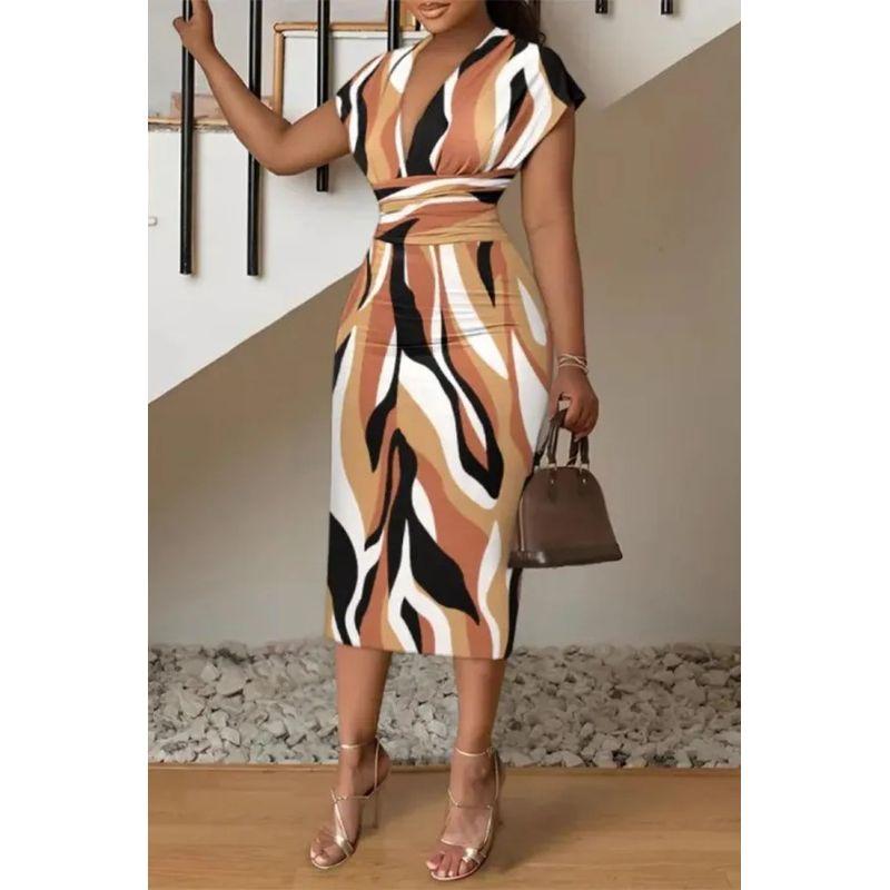 

2024 Simple V-neck Bag Hip Printed Dress Sheath Print Dress Khakis Print XXL