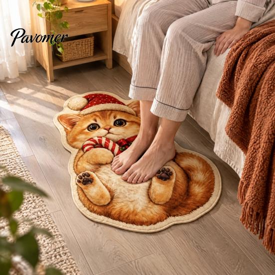 Kitchen Sink Rug Christmas Cat Shaped Rug, Plush Sleeping Absorbent Bathroom Mat, Xmas Lovers Gift Hat Kitty Non-slip Washable Area for Bedroom,