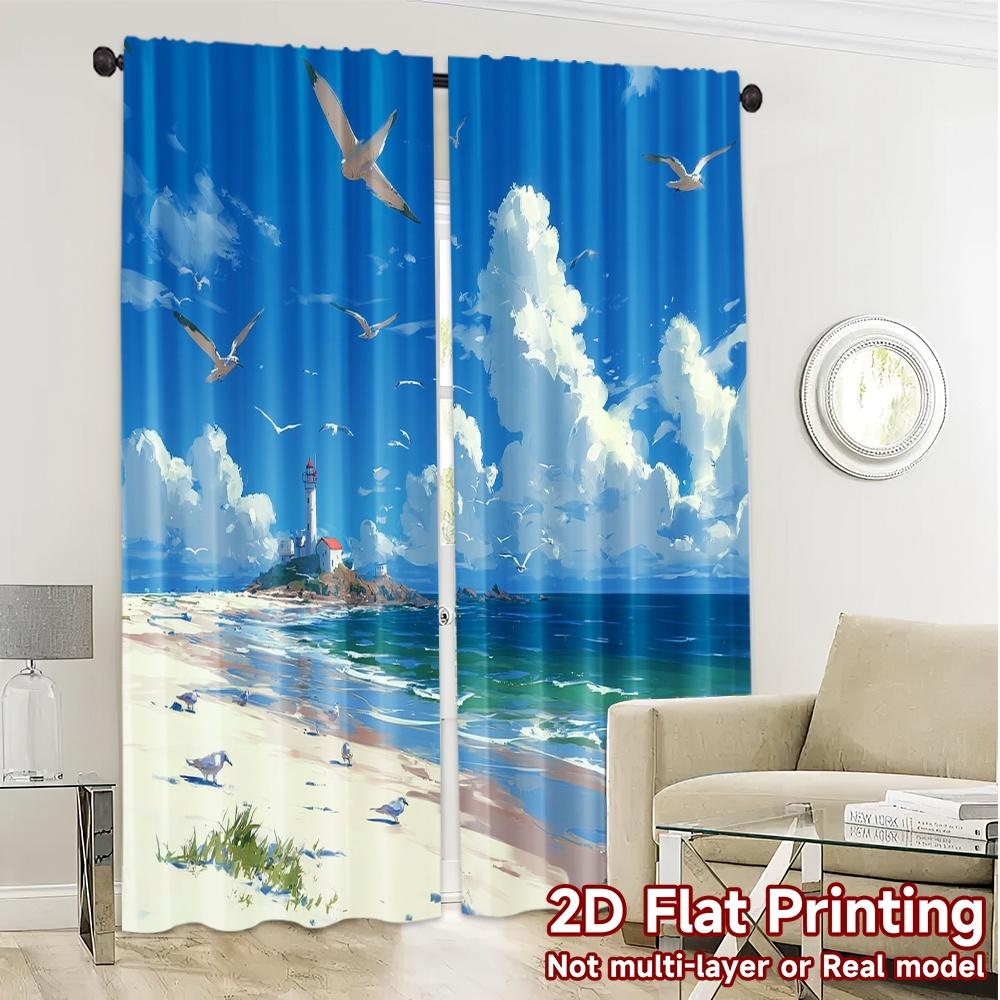 2pcs, 2D FLAT PRINTING Curtains (Without Rod) Ocean Lighthouse Popular Curtain Fabric Yarn Curtains Outdoor Decorations Suitable