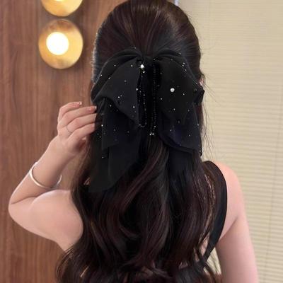 Butterfly Knot Tassel Hair Clip Diamond Embedded Updo Shark Clamp Women'S Dark Style High Quality Feeling Hair Accessories