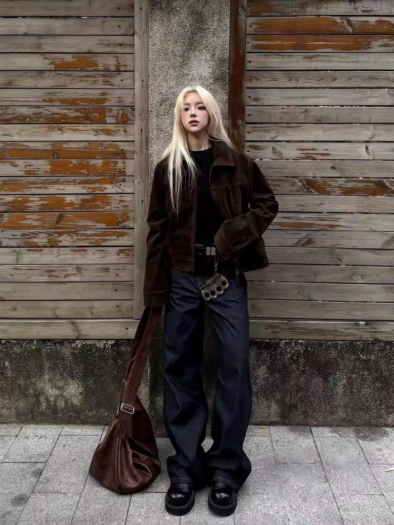 Unisex retro kávová semišová klopová bunda s pocitem jelení kůže - Regular Fit pro podzim/zimu