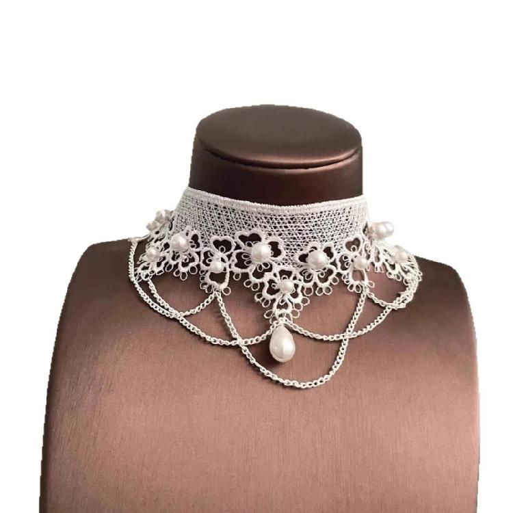 Stylish Lace Necklace Wth Imitation Pearls Modern Feminine Design Office To Party Wear Clavicle Chain