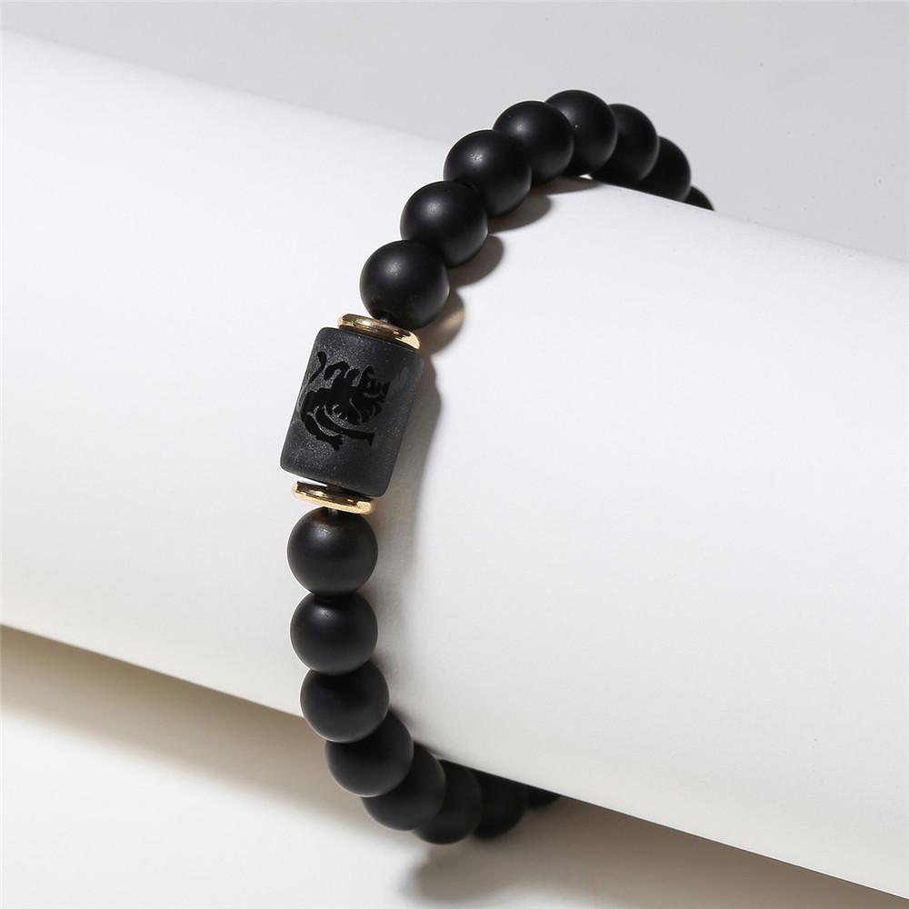 Black Matte Agate Beaded Bracelet with Zodiac Signs - Elastic Buddhist Couple Design