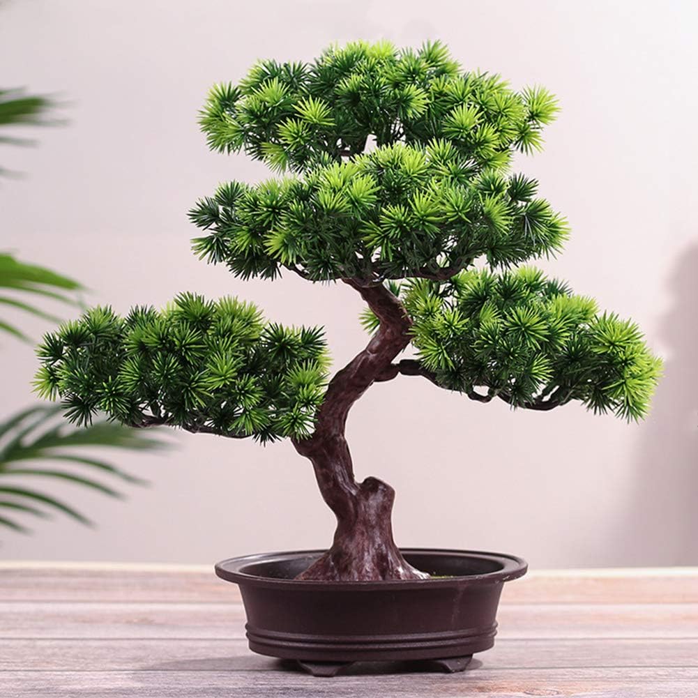 KOET Artificial Bonsai Pine Tree, 11Inch Faux Potted Plant Desk Display Fake Tree Pot Ornaments, Japanese Cedar Bonsai Plant for Home, Office