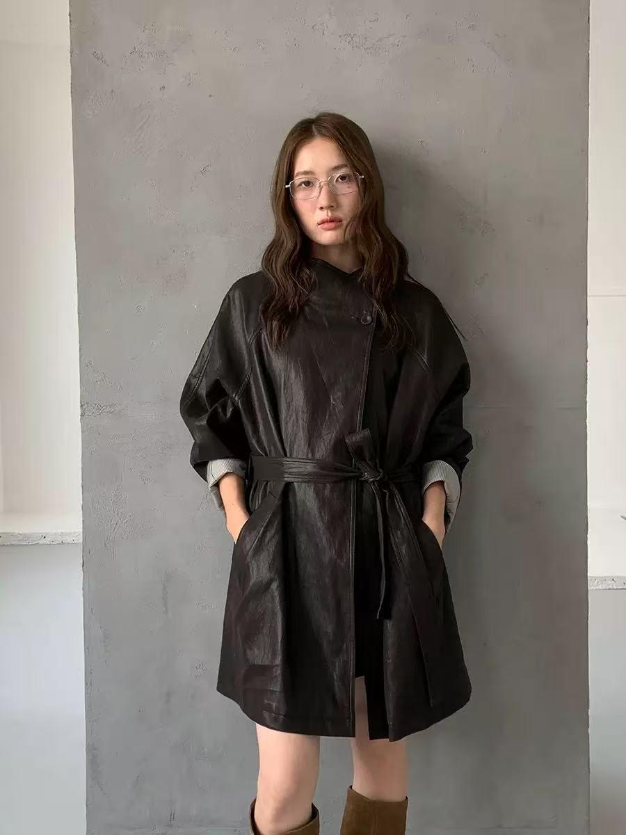 

Autumn Long Sleeve Lace-up PU Leather Techwear Jacket M чорний