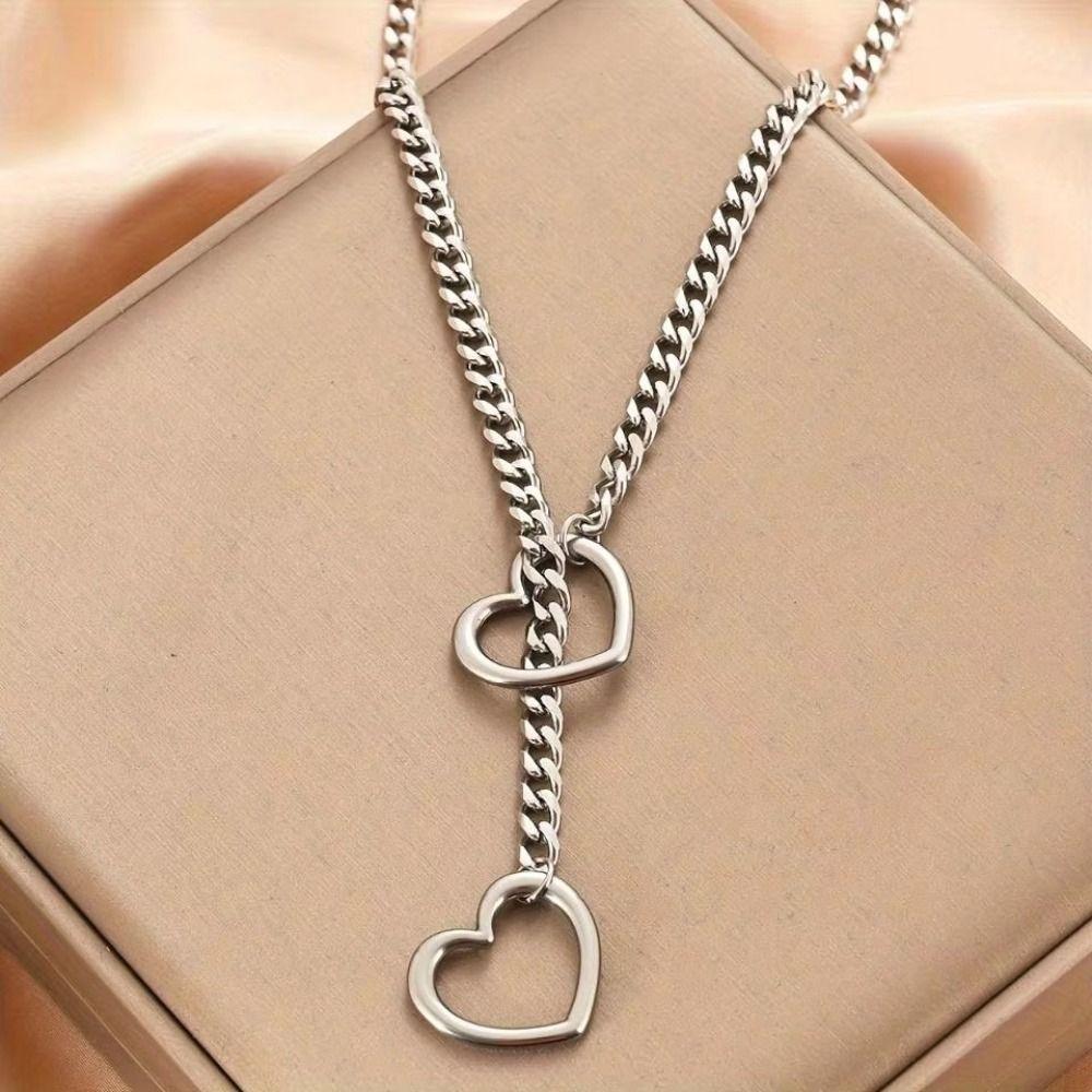Long Cuban Link Necklace Stainless Steel O-ring Clavicle Chain Heart-shaped Necklace  Party Wear