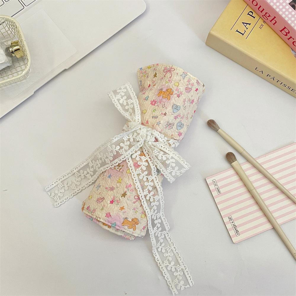 Cute Cartoon Roll Up Makeup Brush Bag Lace Tie Gingham Cosmetic Brush Organizer Pouch for Travel Daily Use