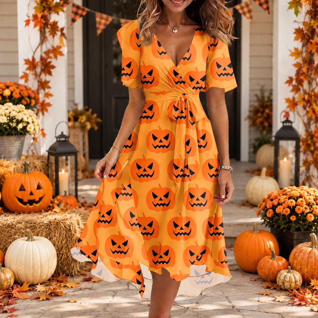 Women Casual V Neck Short Sleeve Halloween Print Dress Midi Length Wrap Style Adjustable Waist Tie