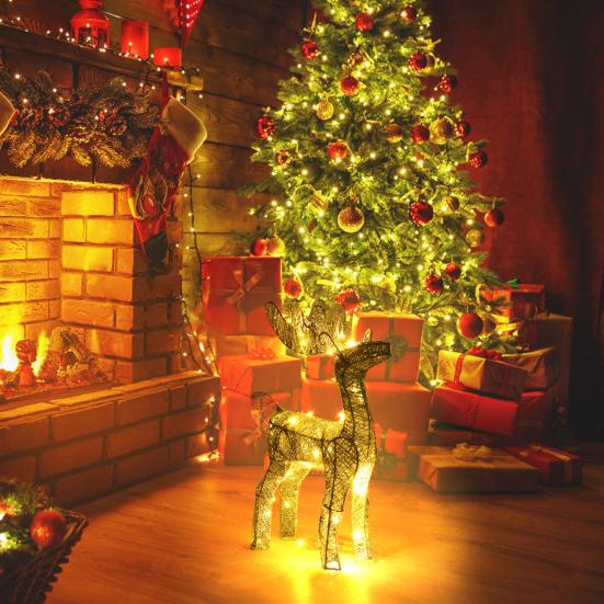 Lighted Reindeer Figurine 3D Metal Standing Deer Statue with LED Light for Outdoor Christmas Lawn Yard Decor