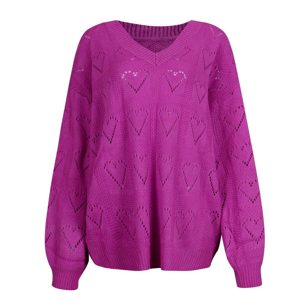 Damen Pullover mit herzförmigem, hohlem V-Ausschnitt und langen Ärmeln, Pulloverbluse, Strickpullover