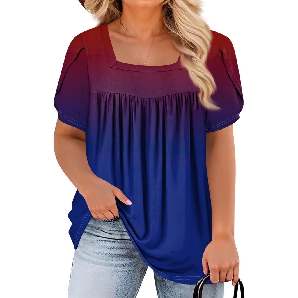 Women's Fashion Casual Printed Square Neck Short Sleeve Large Size T-Shirt Top