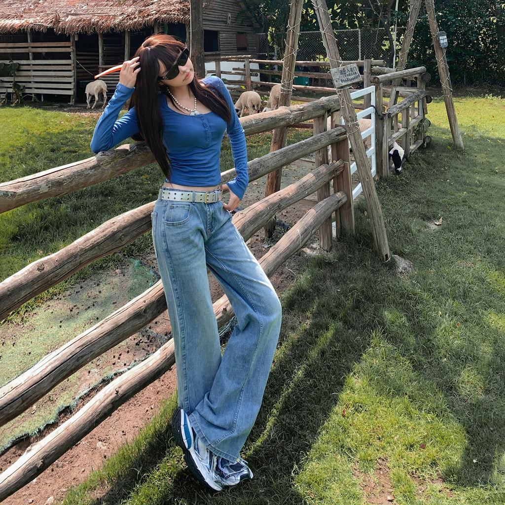 American retro low-rise loose straight-leg flared pants drape floor mopping versatile autumn and winter jeans women's new models