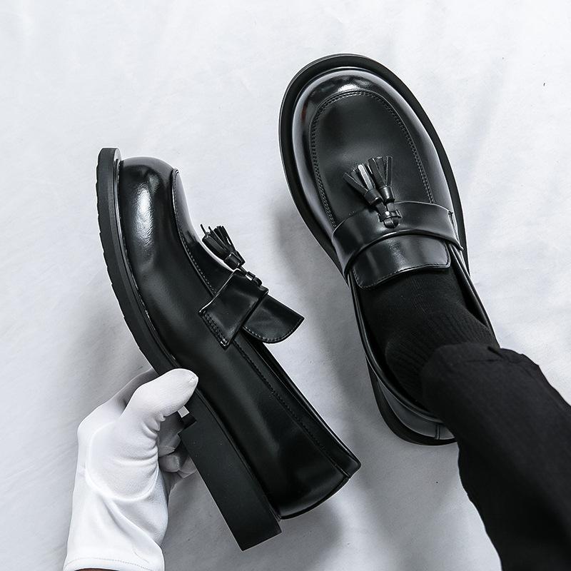 Black big head business casual leather shoes men's Korean version fringed platform loafers men's nightclub height-increasing small leather shoes