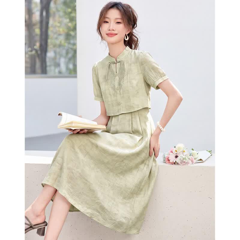 Sanpowa Faux Two-Piece Chinese Style Stand Collar Midi Dress XL