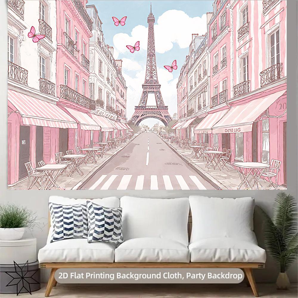 2D flat surface Paris springtime pink landscape themed background fabric suitable for party decoration polyester fiber