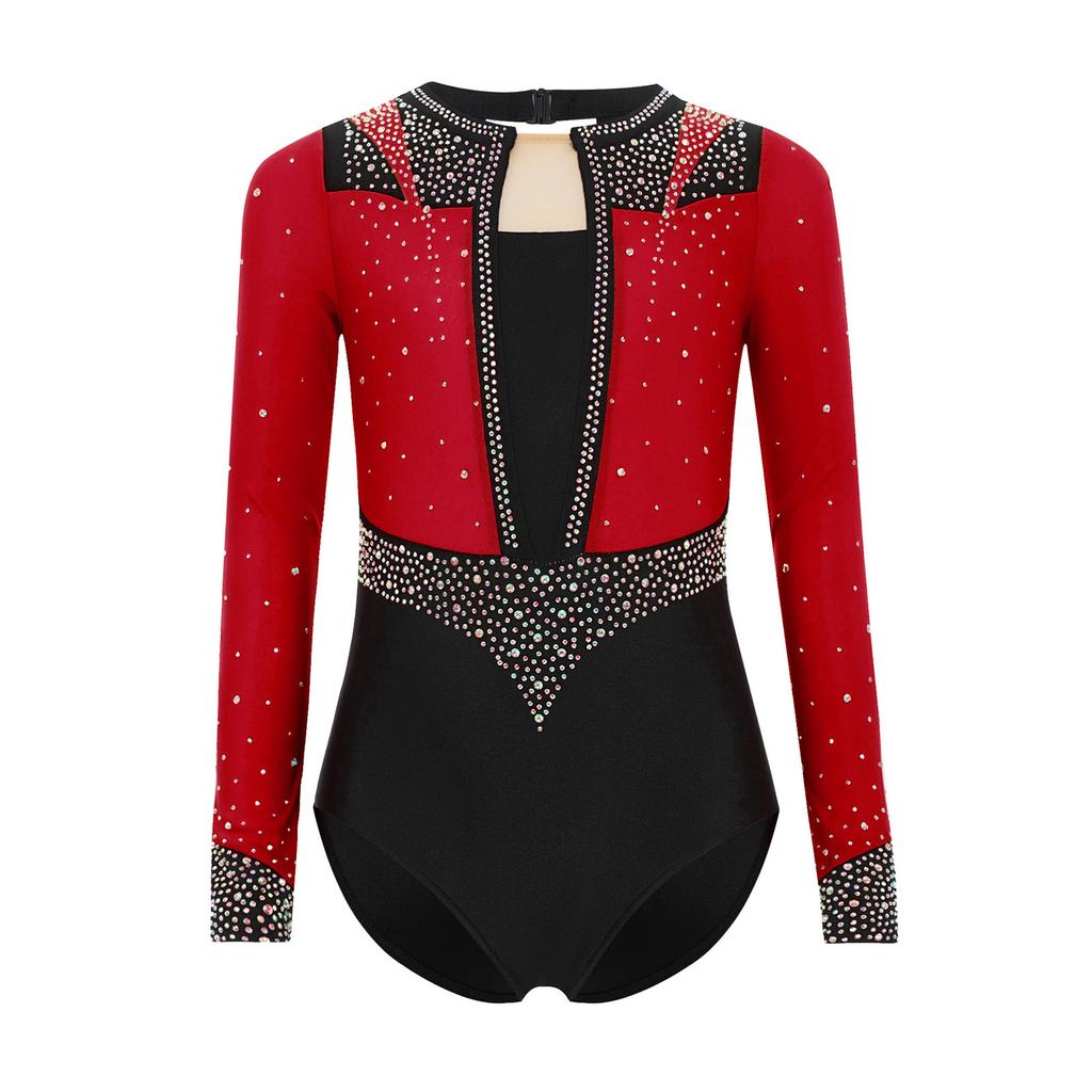 Girls Gymnastics Leotard Long Sleeve Keyhole Back Shiny Rhinestones Figure Skating Dancewear